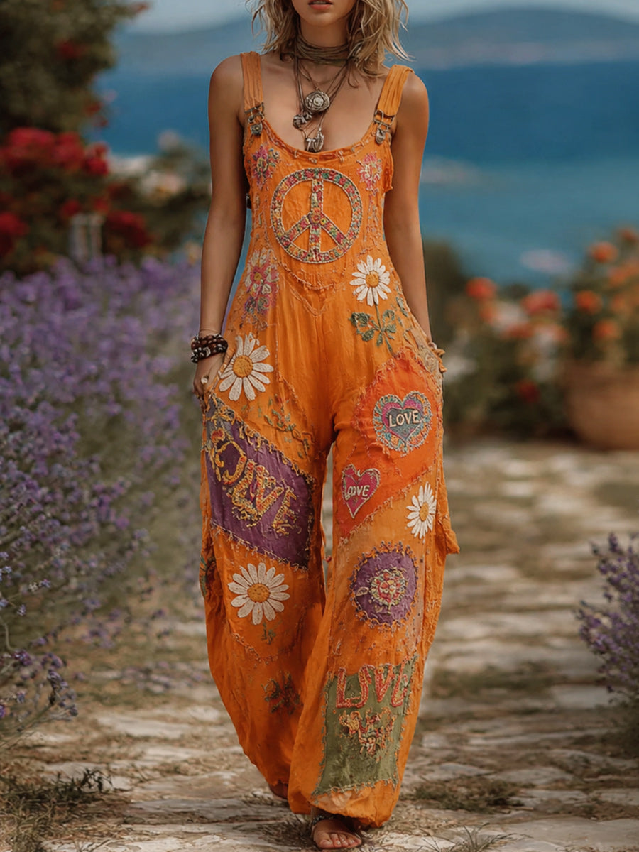 Women's Retro Style Art Print Washed Cotton Denim Patchwork Jumpsuit